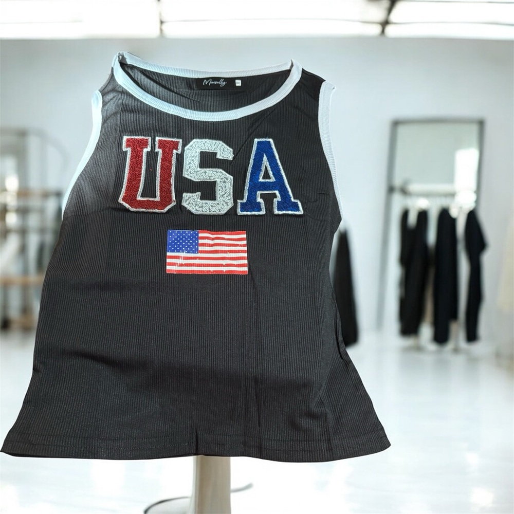 Black USA Tank Top with Flag Patch